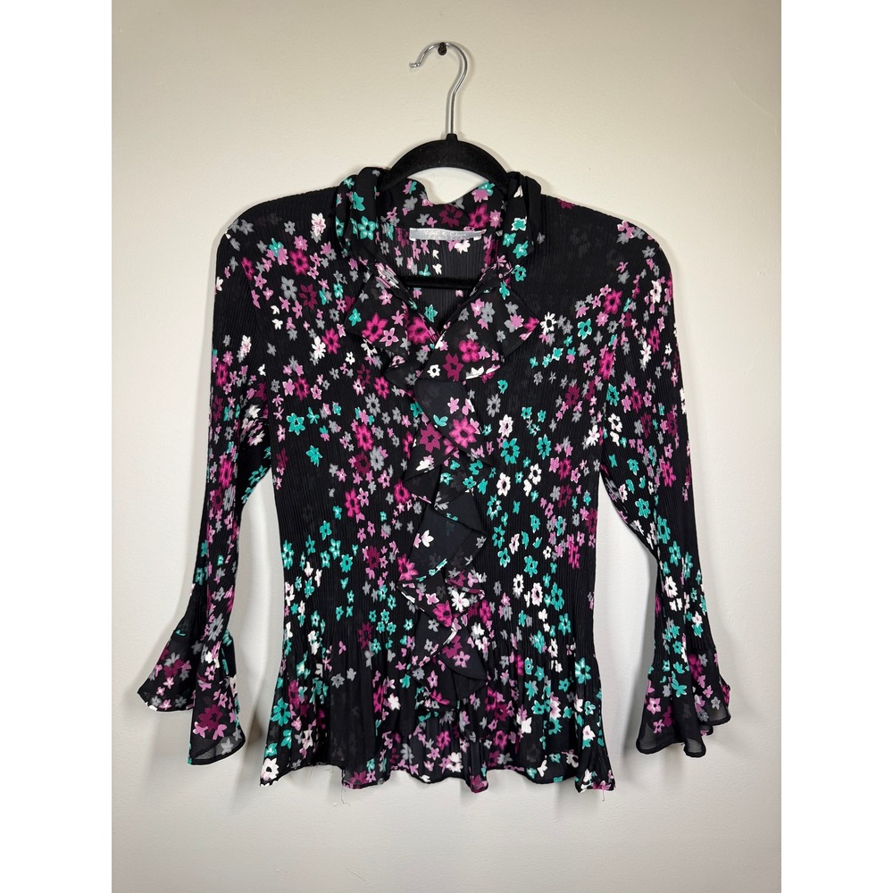 Violet by Claire Floral Pleated Ruffle Blouse Bell Sleeve Black Pink Teal Small